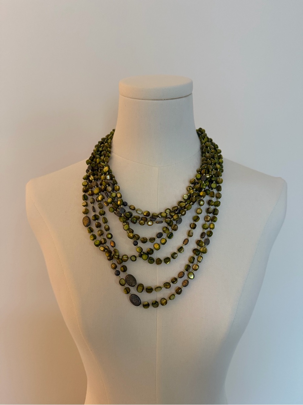 Multi-Strand Olive Green Beaded Necklace